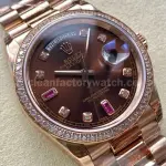 8+ Factory Counterweight Rolex Day-Date 118235 36mm Diamond Rose Gold Bezel Full Rose Gold Diamond Mope Baguette Diamond Brown Dial