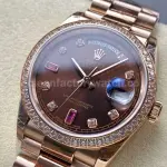 8+ Factory Counterweight Rolex Day-Date 118235 36mm Diamond Rose Gold Bezel Full Rose Gold Diamond Mope Baguette Diamond Brown Dial