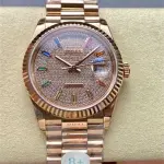 8+ Factory Counterweight Rolex Day-Date 128235-0039 36mm Full Rose Gold Baguette Diamond Rose Gold Dial