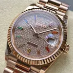 8+ Factory Counterweight Rolex Day-Date 128235-0039 36mm Full Rose Gold Baguette Diamond Rose Gold Dial