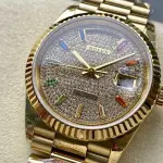 8+ Factory Counterweight Rolex Day-Date 128238-0051 36mm Full Yellow Gold Baguette Diamond Yellow Gold Dial
