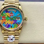 8+ Factory Counterweight Rolex Day-Date 128238-0106 36mm Full Yellow Gold Color Baguette Puzzle Blue Dial