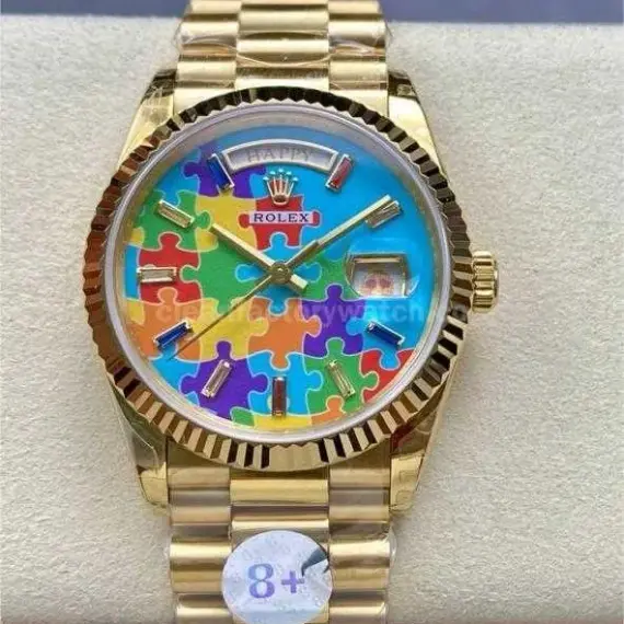 8+ Factory Counterweight Rolex Day-Date 128238-0106 36mm Full Yellow Gold Color Baguette Puzzle Blue Dial