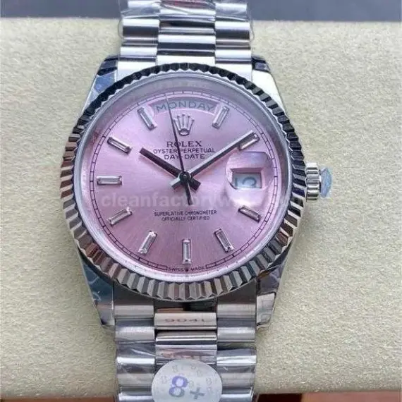 8+ Factory Counterweight Rolex Day-Date 128239-0071 36mm Full 904L Baguette Diamond Pink Dial