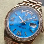 8+ Factory Counterweight Rolex Day-Date 128345RBR-0064 36mm Diamond Bezel Full Rose Gold Roman Numerals Diamond Blue Dial