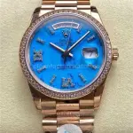 8+ Factory Counterweight Rolex Day-Date 128345RBR-0064 36mm Diamond Bezel Full Rose Gold Roman Numerals Diamond Blue Dial