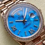 8+ Factory Counterweight Rolex Day-Date 128345RBR-0064 36mm Diamond Bezel Full Rose Gold Roman Numerals Diamond Blue Dial
