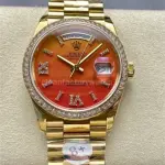 8+ Factory Counterweight Rolex Day-Date 128348RBR-0049 36mm Diamond Yellow Gold Bezel Full Yellow Gold Diamond Roman Numerals Orange Gradient Dial