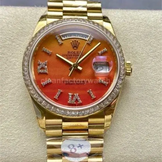 8+ Factory Counterweight Rolex Day-Date 128348RBR-0049 36mm Diamond Yellow Gold Bezel Full Yellow Gold Diamond Roman Numerals Orange Gradient Dial