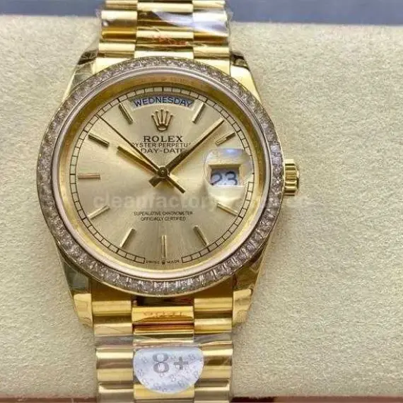 8+ Factory Counterweight Rolex Day-Date 128348RBR-0026 36mm Diamond Bezel Full Yellow Gold Champagne Dial