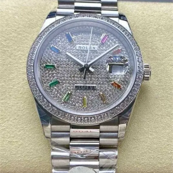 8+ Factory Counterweight Rolex Day-Date 128349RBR-0006 36mm Diamond White Gold Bezel Full White Gold Baguette Diamond White Gold Dial