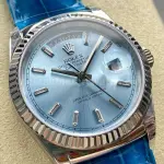 8+ Factory counterweight Rolex Day-Date 36mm 128236-0009 White Gold Crocodile Leather Strap Baguette Diamond Ice Blue Dial