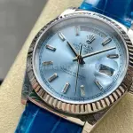 8+ Factory counterweight Rolex Day-Date 36mm 128236-0009 White Gold Crocodile Leather Strap Baguette Diamond Ice Blue Dial