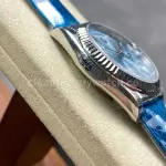 8+ Factory counterweight Rolex Day-Date 36mm 128236-0009 White Gold Crocodile Leather Strap Baguette Diamond Ice Blue Dial