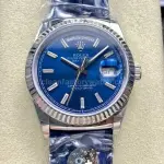 8+ Factory counterweight Rolex Day-Date 36mm 128239-0069 White Gold Crocodile Leather Strap Baguette Diamond Blue Dial