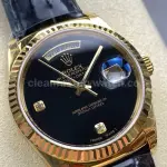 8+ Factory Counterweight Rolex Day-Date 36mm 18238 Yellow Gold Crocodile Leather Strap Diamond Mope Black Dial