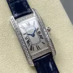8848 Factory Cartier Tank Américaine 19mm Diamond Bezel Roman Numerals Silver Dial