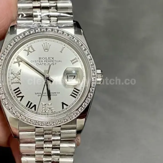 A+ Factory Rolex Datejust 126284RBR-0021 36mm Diamond Bezel Full 904L Roman Numerals&Diamond Silver Dial Jubilee