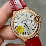 AF Factory Cartier Ballon Bleu WJBB0033 33mm Diamond Bezel Rose Gold Red Leather Strap Roman Numerals Silver Dial
