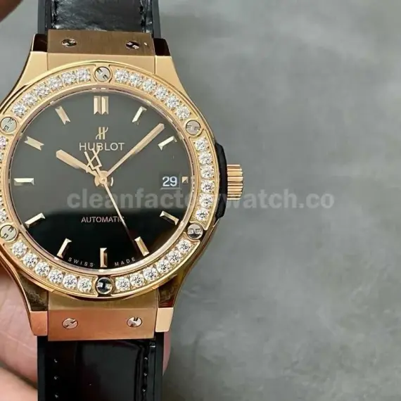 HB Factory Hublot Classic Fusion 565.OX.1480.LR.1204 38mm Rose Gold Leather Strap Black Dial