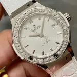 HB Factory Hublot Classic Fusion 582.NX.2610.RX.1204 38mm Diamond Bezel Steel Leather Strap White Dial