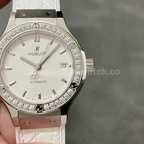 HB Factory Hublot Classic Fusion 582.NX.2610.RX.1204 38mm Diamond Bezel Steel Leather Strap White Dial