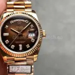 QF Factory Counterweight Rolex Day-Date 128235-0037 36mm Full Rose Gold Diamond Mope&Baguette Diamond Brown Dial
