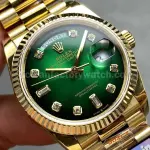 QF Factory Counterweight Rolex Day-Date 128238-0069 36mm Full Yellow Gold Diamond Mope&Baguette Diamond Green Dial